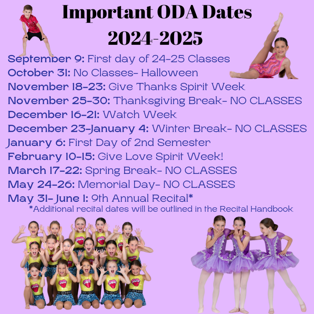 Calendar for Ovation Dance Academy 2024-25 kid dance classes